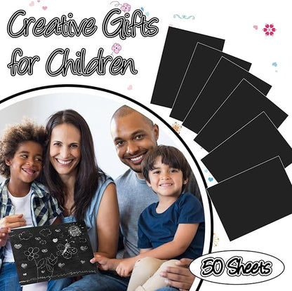 ZOCONE Scratch Paper Art Set, 50 Sheets 8x11in Black Coated Scratchboard Large Scratch Paper with Wooden Styluses and Stencils, DIY Scratch Painting Art Paper for Kids Adults Birthday Christmas Gift