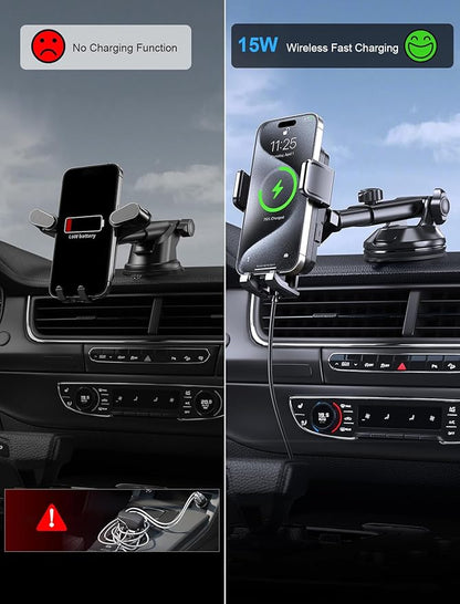 Wireless Car Charger, MOKPR 15W Fast Charging Auto Clamping Dashboard Windshield Air Vent Car Phone Holder with LED Light Car Charger for iPhone 16 15/14/13/12 Pro Max Plus, Samsung S23/S22/S21,etc
