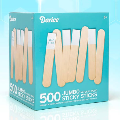 Darice Self-Adhesive Popsicle Sticks for Crafts – 500 Jumbo Wooden Sticks with Adhesive Tips, 6” x 1”, Mess-Free Arts and Crafts for Classroom, STEM, Home (Ages 3+)
