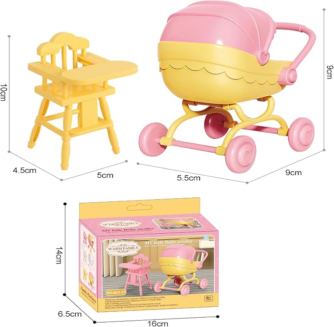 Mini Dollhouse Furniture Set, Baby Stroller and High Chair, Pink and Yellow Miniature Accessories, Kids Pretend Play Toys