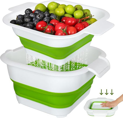 Collapsible Colander Set with Strainer Bowl, 2 in 1 Fruit Washing Basket with