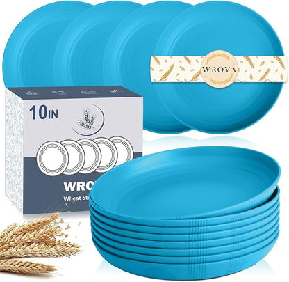 Wrova Wheat Straw Plates 10 Inch - Unbreakable Dinner Plate Set of 8 - Dishwasher & Microwave Safe Plastic Plates Reusable - Lightweight Deep Plate for Kitchen,Outdoor,Dorm (Blue)