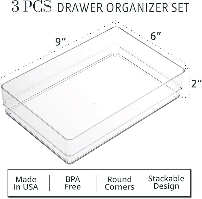 STORi SimpleSort 3-Piece Stackable Clear Drawer Organizer Set | 9" x 6" x 2"