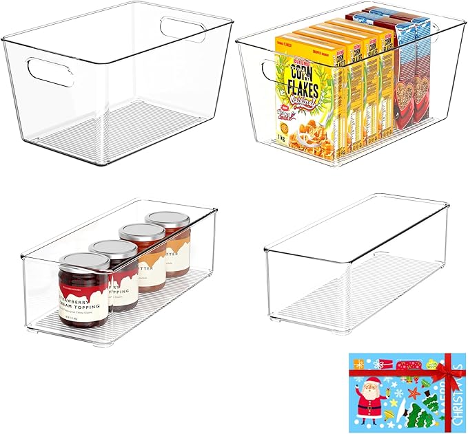 Set of 4 Clear Plastic Storage Bins, 2 Large +2 Small Pantry Organizers and Storage Containers for Kitchen Organization, Home Storage Essentials for Cabinet, Office, Garage, Freezer& Bathroom