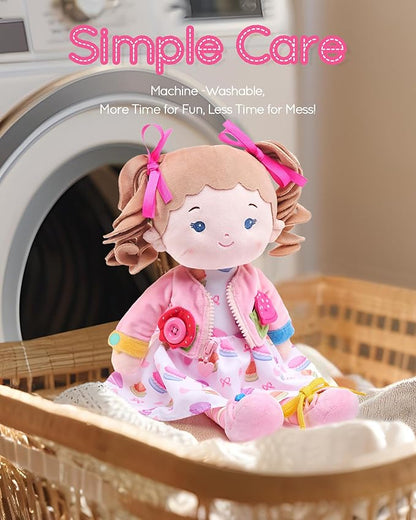 LeyaDoll Soft Bady Educational Soft Baby Doll(16''), Learning Sensory Doll for Toddlers, Montessori Toys for 2-Year-Old Girls Christmas, Birthday Gifts, Plush Doll with Button-Busy Cupcake-Girl