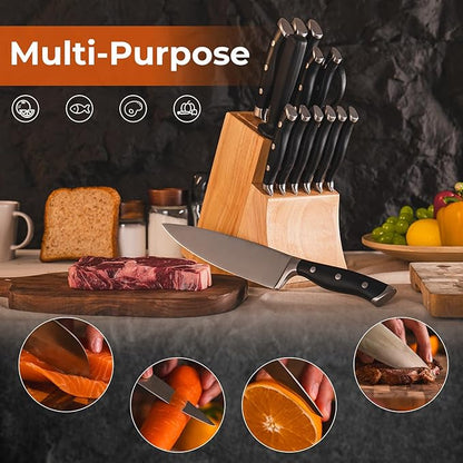 Alata 15-Piece Knife Set with Block, Razor-Sharp,Kitchen Knife Set, Forged Triple Rivet Stainless Steel Knife Block Set