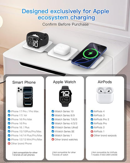 Charging Station for Apple Multiple Devices - 3 in 1 Foldable Magnetic Wireless