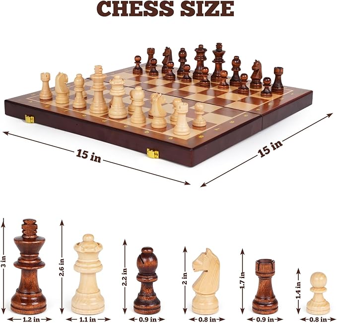 Wooden Magnetic Chess Set –15-Inch Foldable Wooden Chess Board with Magnetic Pieces, Portable Travel Chess Set for Adults and Kids, Classic Board Game with 2 Extra Queen