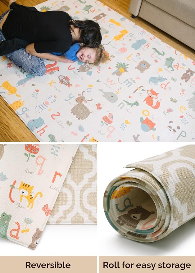 Baby Care Play Mat (Medium, Moroccan - Beige) 73’’ x 49’’ Original One-Piece Reversible Rollable Waterproof Baby Mat for Floor, Play Mat for Babies 6-12 Months, Infants, Toddlers, and Kids