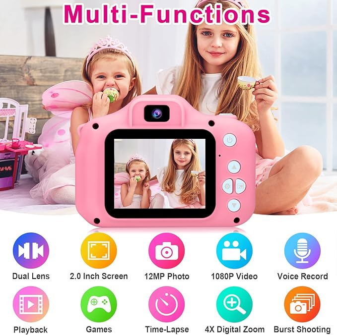 GKTZ Toys for Girls Age 3-8, Kids Camera Digital Video Toddler Camera Children Camcorder Birthday Gifts for 3 4 5 6 7 8 Year Old Girls with 32GB SD Card (Pink)