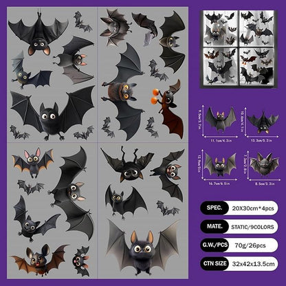 4 Sheets Halloween Decorations Window Clings Decals Cartoon Cute Bats Window Stickers for Glass Double Sided Printed Bat Windows Decal Decor for Home School Office Party Supplies