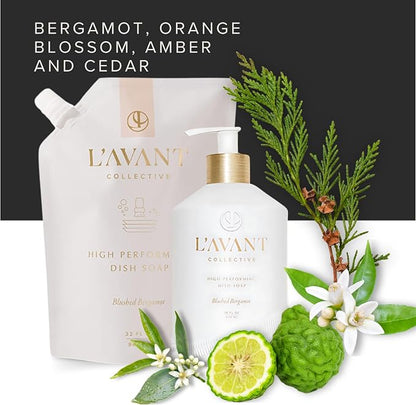 L'AVANT Collective The Sink-Side Care Duo, Natural Luxury Dish Soap 16 Fl Oz with Moisturizing Hand Lotion 10 Fl Oz, Plant-Based Formulas in Refillable Glass Pump Bottles, Blushed Bergamot
