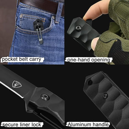 AUBEY Tanto Blade EDC Knife, 440 Steel Pocket Folding Knife with Liner Lock, Clip, Aluminum Handle and Glass Breaker, Nice Gift for Men Women (Black)