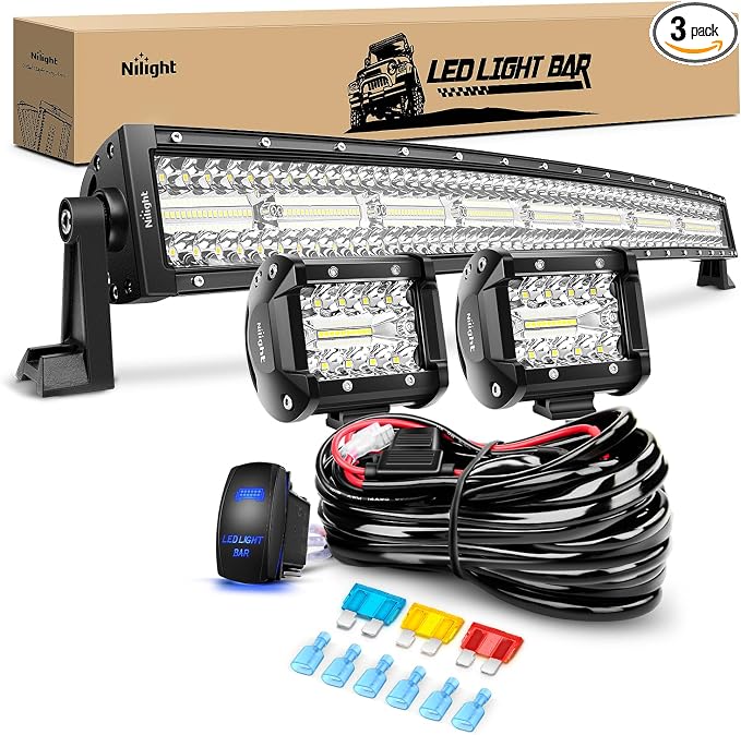 Nilight 33Inch LED Light Bar 2Pcs 4Inch 60W Spot Flood Lights Pods Off Road DrivingWork Lighting with 14AWG Wiring Harness Kit-3 Leads for Truck Tractor Pickup Boat SUV ATV UTV Car Van Camper