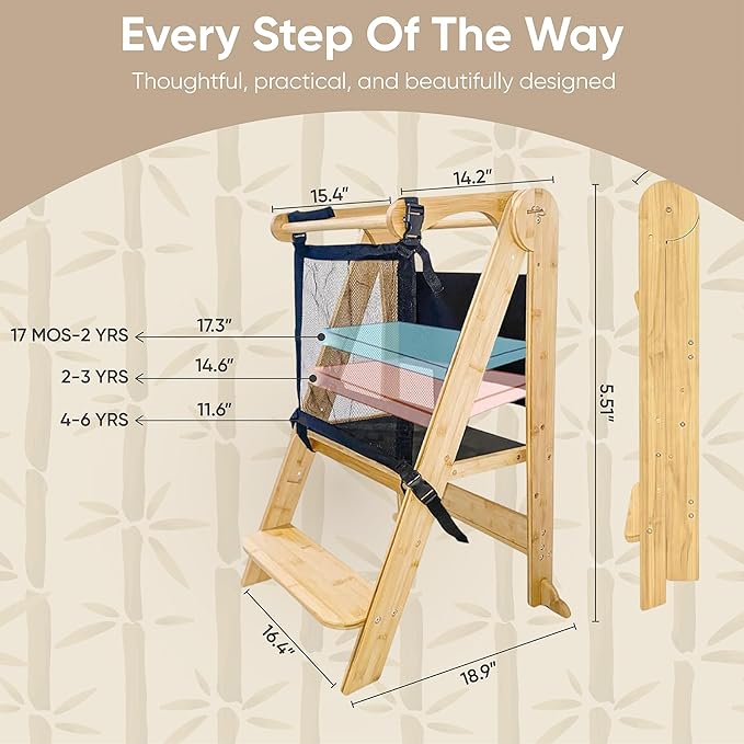 SK Designs Foldable Toddler Tower with Cup Holder - Kitchen Learning Stool Helper, Montessori Kids Standing Tower for Counter, Collapsible, Adjustable Baby Step Stool with Safety Net for Bathroom Sink