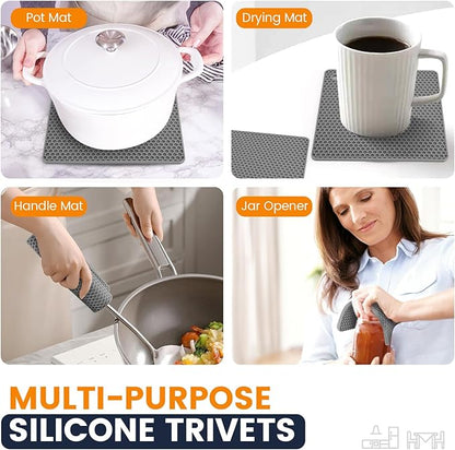 Silicone Trivet Mats 4 Heat Resistant Pot Holders Multipurpose Non-Slip Hot Pads for Kitchen Potholders, Drying mat, Jar Opener, Spoon Holder, Coaster.(Grey)