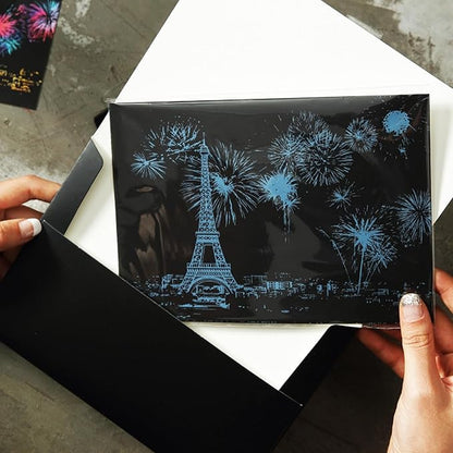 Georgie Porgy Scratch Paper Art Set DIY Arts and Crafts Kits for Kids Adults Magic Rainbow Scratch Postcards for Christmas Birthday Gift with Scratching Tools Kit (Europe Fireworks Architecture)