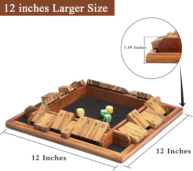 AMEROUS 1-4 Players Shut The Box Dice Game, Wooden Board Table Math Game with 12 Dice and Shut-The-Box Instructions for Kids Adults, Family Classroom Home or Pub (12 Inches)