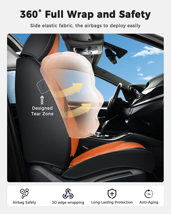 Huidasource Front Seat Covers, Universal Fit for Most Cars SUV Trucks, Full Coverage Leather Seat Cover, Airbag Compatble, Seat Function Retain, Storage Pocket Design, Easy to Install, Black & Orange