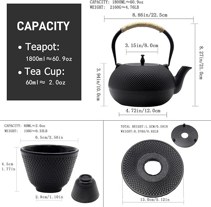 Big Cast Iron Teapot Set with Cups, Japanese Tetsubin Tea Kettle for Stovetop Safe, Cast Iron Tea Set with Tea Strainer for Loose Tea and Enameled Interior (1800ml Teapot Set with Cups)