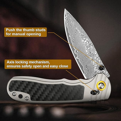 Damascus Pocket Knife for Men Women, 3.15" Damascus Steel Blade Pocket Knives & Folding Knives with Carbon Fiber Overlay Handle