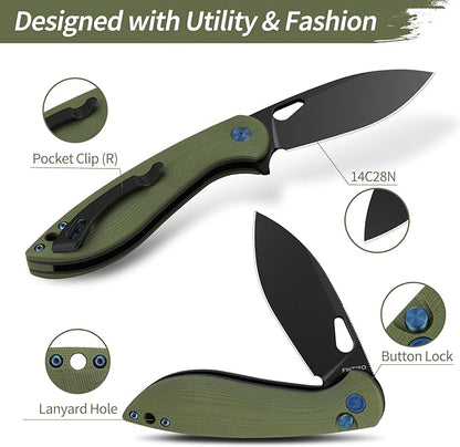 FINTISO Pocket Knife, 3.1" Premium 14C28N Blade Folding Knife with Button Lock, EDC Knife with G10 Handle for Camping, Hunting, Survival, Best Gift for Men Women