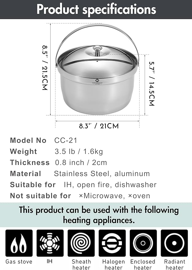 CAMPINGMOON 3.0L Cooking Pot 3-ply Stainless Steel IH Compatible Rice Cooker CC-21
