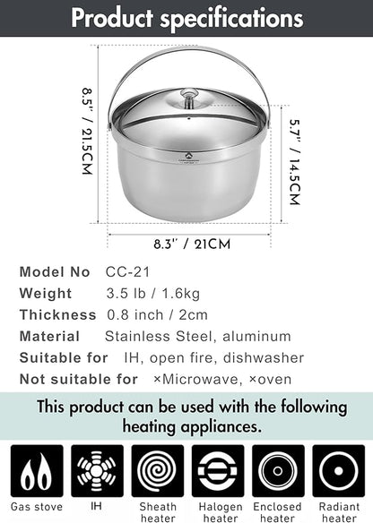 CAMPINGMOON 3.0L Cooking Pot 3-ply Stainless Steel IH Compatible Rice Cooker CC-21