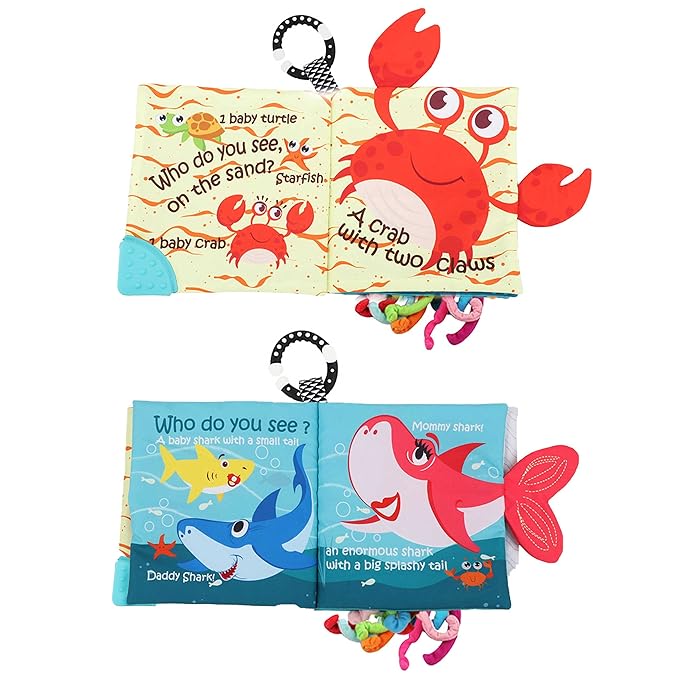 Fish Baby Books Toys, Touch Feel Cloth Crinkle Books for Babies,Baby Infant Toys 0-6, 6-12, 12-18 Months,Early Learning Education Toys,Shower Baby Gifts for Boys Girls,Teething,Mirror,Shark Ocean Book