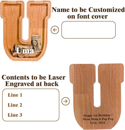 Personalized Wooden Letter Piggy Bank for Kids Larger Letter Piggy Bank for Boys and Girls Initial Coin Bank Customized Piggy Bank Perfect Wood Kids Money Bank for Birthday and Festival