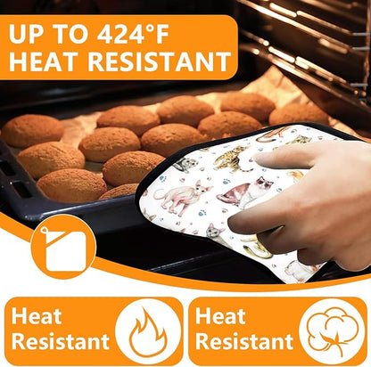 Cute Cats Oven Mitts and Pot Holders Sets 4Pcs, Extra Long Oven Gloves Potholder
