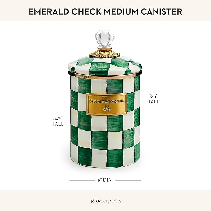 MACKENZIE-CHILDS Medium Enamel Canister, Kitchen Storage Container with Lid, Green-and-White Emerald Check