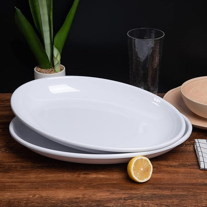 KOXIN-KARLU Melamine Large Serving Platter, 16-inch Oval Serving Plates, White Serving Tray for Entertaining Party, 100% Melamine Serving Dish for Appetizers Meat Food, Set of 2