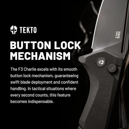 F3 Charlie Button Lock Folding Knife, Oversized Fine Edge Blade, Tactical Black G10 Handle - Easy Open Pocket Knife with Titanium Coated D2 Steel & Black Titanium Barrel Spacers