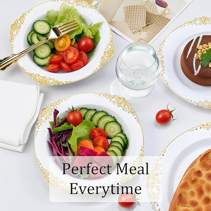 Nervure 50 Pack White Plastic Bowls with Gold Rim - 12oz Disposable Soup Bowls - Heavy Duty Dessert Bowl, Salad Bowl Perfect for Weddings, Parties, Thanksgiving and Everyday Use