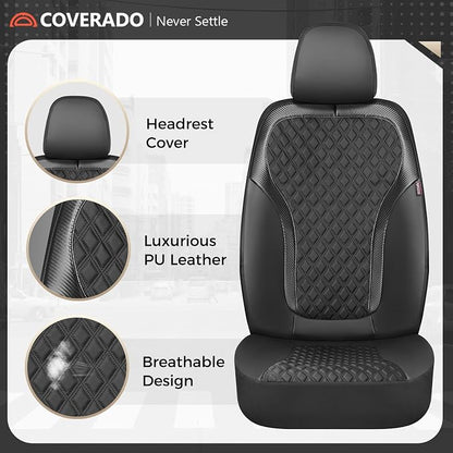 Coverado Seat Covers Full Set, Luxury Leather Car Seat Cover with Carbon Fiber Accents Design, Spill-Proof Durable Black Automotive Seat Covers, Front and Rear Seat Protectors Universal Fit Most Cars