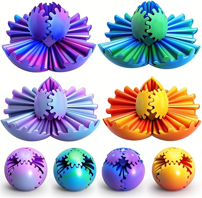4PCS Gear Ball 3D Printed Spin Ball or Cube Fidget Toy, 2.6 Inch Gear Sphere Fidget Toy,Fidget Gear Sphere Toy for Stress and Anxiety Relief, Gear Sphere Desk Toy for Adults & Kids