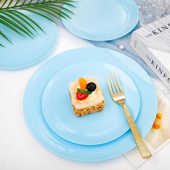 KIRE 60PCS Blue Plastic Plates Disposable - Heavy Duty Light Blue Plates Include 30Pcs 10.25” Dinner Plates and 30Pcs 7.5” for Dessert/Salad in Baby Shower/Picnic