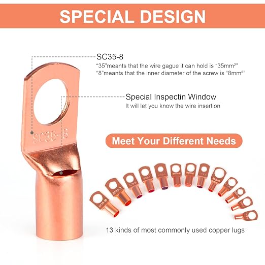 Copper Wire Lugs,Terminal Connectors,Used on AWG12 10 8 6 4 2 Cable,Heat Shrink Set,Bare Copper Eyelets,Ring Terminals Connectors,85Pcs Battery Cable Lugs Ends and 110Pcs Heat Shrink Tubing (195PCS)
