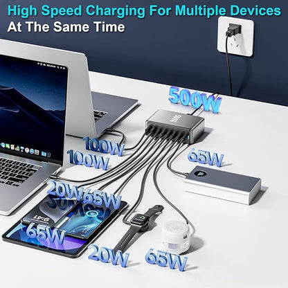 500W USB C Charger Block, 8-Port Fast USB Charging Station Dual PD 100W GaN Ⅲ