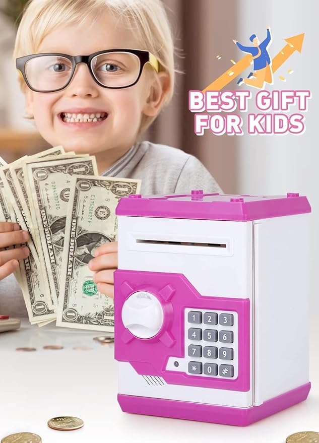 Piggy Bank for Girls Boys Large Electronic Money Coin Banks with Password Protection, Automatic Paper Money Scroll Saving Box, Great Gift for Kids (Pink-White)