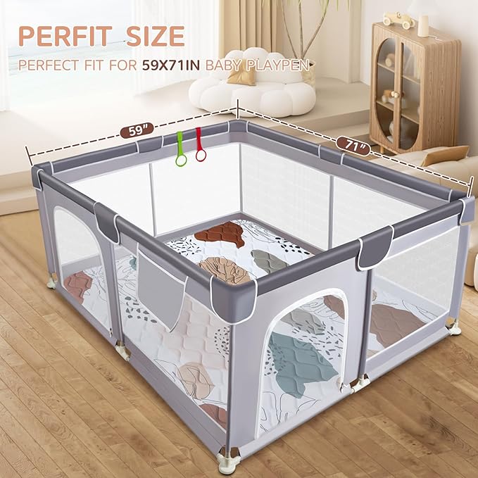 Baby Play Mat - Thicken 71x59 Inch Soft Foam Crawling Mat for Playpen & Floor, Non-Slip Waterproof Activity Playmats for Infants & Toddlers, Portable Foldable & Machine Washable, Boho Design