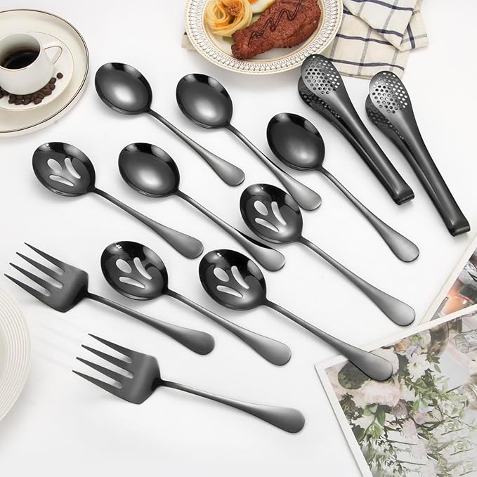 Lazycorner Large Serving Utensils,12 Pcs Stainless Steel Serving Set with Serving Spoons,Serving Fork,Serving Tongs,Polished Serving Utensil Set for Buffet Parties Home,Dishwasher Safe(Black)