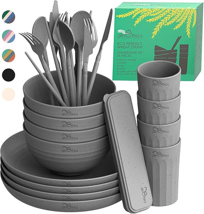 Wheatstraw Dinnerware Set For 4 - Dishwasher Microwave Plates For Heating Food - Unbreakable Wheat Straw Plates And Bowls sets - Replace Plastic Dinnerware Set - Camping Dishes Set