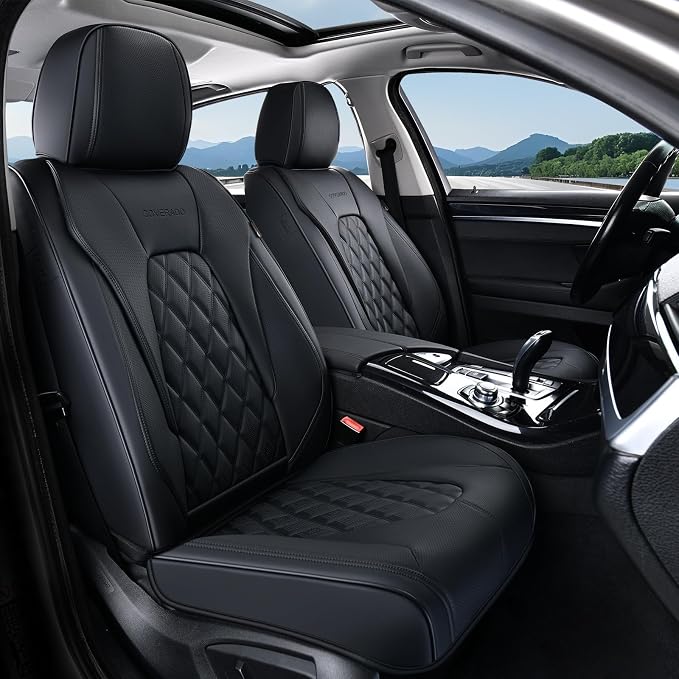 Coverado Car Seat Covers Full Set, 5 Seat Black Seat Cover for Cars, Luxury Faux Leather Waterproof Seat Cover, Front and Back Car Seat Protector, Universal Auto Seat Covers Fit for Most Cars