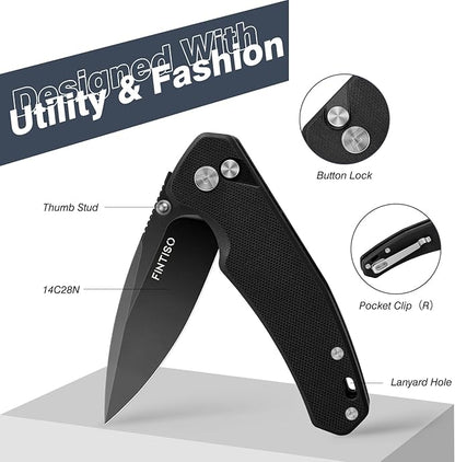 FINTISO Pocket Knife, 3" 14C28N Steel Blade G10 Handle Small EDC knife with Button Lock, Sharp Folding Knife with Pocket Clip for Camping, Survival,Hiking,traveling