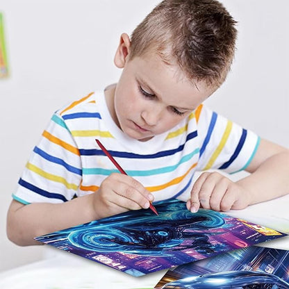 Georgie Porgy Scratch Paper Art Set for Kids Adults Magic Rainbow Scratchboards for DIY Arts and Crafts Kits Christmas Birthday Gift with Scratching Tools Kit (A5-Noctilucent Animals + Racing Cars)
