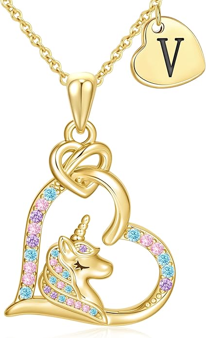 C-leen Unicorn Necklaces Gifts for Girls, 14K Gold Plated Colorful CZ Heart Initial Pendant Unicorn Necklaces for Girls Teens Jewelry Birthday Gifts