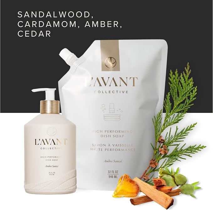 L'AVANT Plant-Based Luxury Dish Soap with Pump, Ambre Santal, 16 Fl Oz | Plant-based grease-cutting formula, refillable glass bottle with pump, gentle on hands, kid and pet safe, Ambre Santal scent