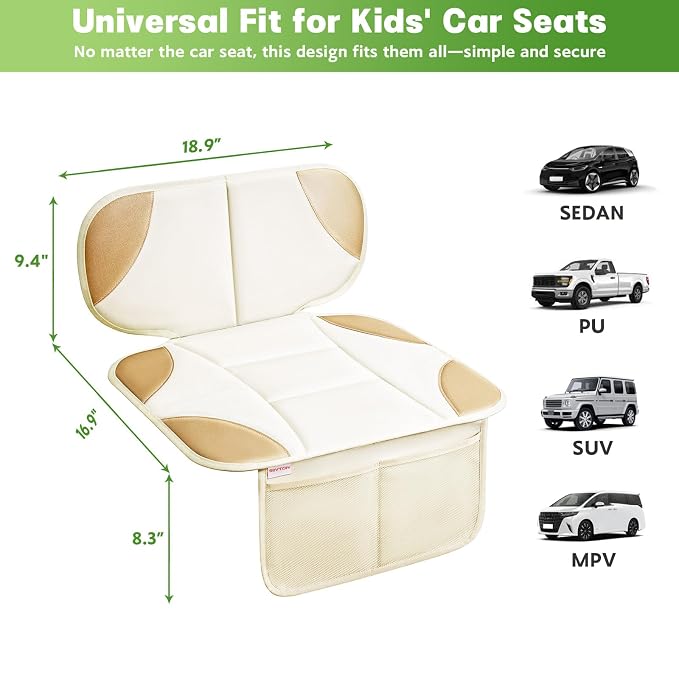 Siivton Car Seat Protector for Kids, Anti-Slip Design, Thick Padding, Prevents Seat Marks, 2 Storage Pockets for Toys & Snacks, Fits Most Cars, Black (Beige, 2 Pack)